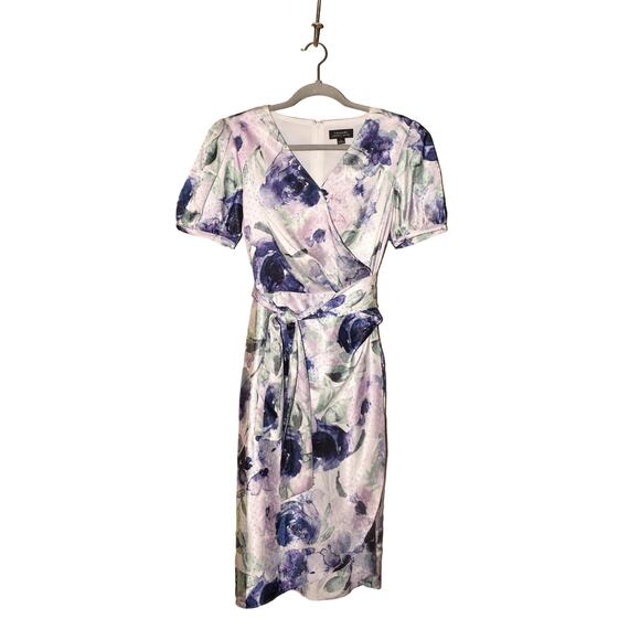 TAHARI ASL $128 Floral Print‎ Puff Sleeve Faux Wrap Tie Waist Midi Dress Size 6 - Picture 1 of 5